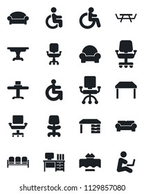 Set of vector isolated black icon - waiting area vector, disabled, office chair, desk, picnic table, cushioned furniture, restaurant, man with notebook