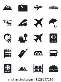Set of vector isolated black icon - plane vector, taxi, suitcase, airport bus, umbrella, passport, ladder car, helicopter, seat map, luggage storage, scales, globe, mountains, case
