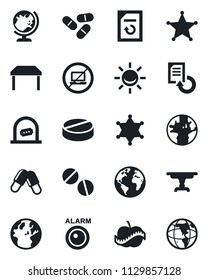 Set of vector isolated black icon - no laptop vector, ticket office, globe, document reload, pills, diet, earth, table, police, alarm led