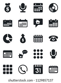 Set of vector isolated black icon - calendar vector, circle chart, microphone, menu, phone, home message, money bag