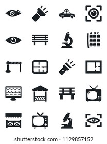 Set of vector isolated black icon - barrier vector, tv, alarm car, seat map, bench, monitor pulse, microscope, eye, torch, plan, alcove, scan