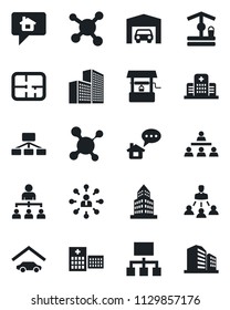 Set of vector isolated black icon - hierarchy vector, well, molecule, hospital, office building, garage, plan, home message