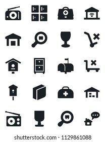 Set of vector isolated black icon - checkroom vector, bird house, doctor case, fragile, no trolley, warehouse, search cargo, radio, blank box, archive, mailbox, garage gate control, home message