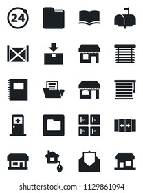 Set of vector isolated black icon - 24 around vector, automatic door, shop, medical room, checkroom, book, store, container, package, mail, folder, copybook, document, mailbox, home control