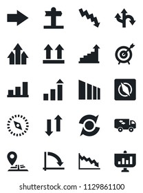 Set of vector isolated black icon - right arrow vector, growth statistic, crisis graph, route, signpost, navigation, up side sign, sorting, data exchange, compass, update, bar, moving, target
