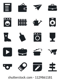 Set of vector isolated black icon - case vector, document, fence, watering can, wheelbarrow, boot, fragile, speaker, play button, notes, cutting board, steaming pan, web camera, washer, usb flash