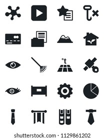 Set of vector isolated black icon - fence vector, credit card, gear, rake, eye, satellite, no hook, share, favorites list, play button, pie graph, document folder, tie, book, mountains, eco house