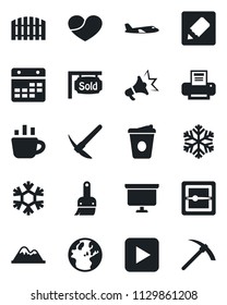 Set of vector isolated black icon - plane vector, presentation board, coffee, heart, play button, themes, scanner, calendar, notes, printer, mountains, fence, sold signboard, snowflake, earth