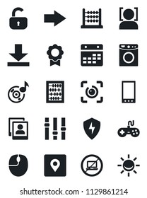 Set of vector isolated black icon - no laptop vector, right arrow, abacus, mouse, gamepad, settings, mobile, protect, calendar, download, place tag, face id, eye, music, photo gallery, sertificate