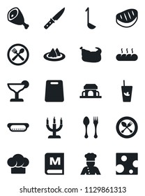 Set of vector isolated black icon - spoon and fork vector, cook, serviette, cafe, hat, menu, cocktail, phyto bar, bread, building, candle, chicken, steak, ham, hot dog, ladle, cutting board, knife