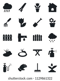 Set of vector isolated black icon - flower in pot vector, garden fork, shovel, fence, rake, glove, saw, house, rain, pond, picnic table, sprayer, drip irrigation, tulip