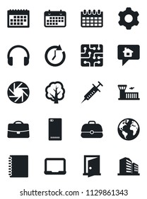 Set of vector isolated black icon - airport building vector, notebook pc, calendar, tree, syringe, earth, term, headphones, phone back, mobile camera, settings, case, copybook, chip, door, clock