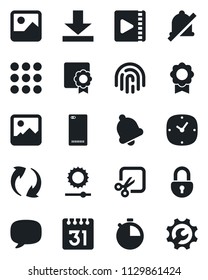 Set of vector isolated black icon - phone back vector, menu, message, update, gallery, clock, stopwatch, bell, calendar, download, mute, brightness, cut, lock, fingerprint id, video, sertificate