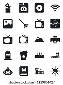 Set of vector isolated black icon - tv vector, airport building, coffee, rake, rec button, gallery, photo, application, pool, mountains, wireless, flower in pot, city house, restaurant table, menu