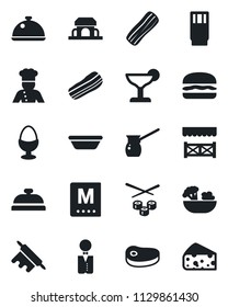 Set of vector isolated black icon - waiter vector, cook, dish, menu, reception, drink, cocktail, salad, bacon, egg stand, cafe building, alcove, steak, hamburger, bowl, rolling pin, turkish coffee