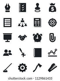 Set of vector isolated black icon - alarm clock vector, stamp, gear, money bag, hoe, axe, ripper, group, copybook, presentation board, paper clip, abacus, ink pen, checklist, point graph, target