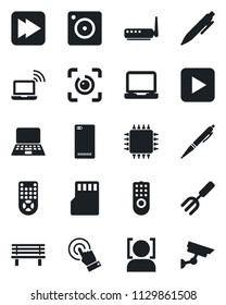 Set of vector isolated black icon - wireless notebook vector, pen, pc, garden fork, bench, remote control, touch screen, laptop, play button, fast forward, phone back, mobile camera, sd, face id
