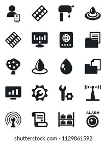 Set of vector isolated black icon - passport vector, luggage storage, statistic monitor, contract, water drop, pills blister, patient, folder document, antenna, root setup, supply, fruit tree