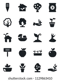 Set of vector isolated black icon - flower in pot vector, seedling, tree, sproute, plant label, fertilizer, fruit, salad, apple, eco house, palm