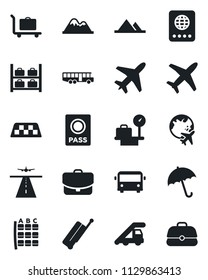 Set of vector isolated black icon - plane vector, runway, taxi, suitcase, baggage trolley, airport bus, umbrella, passport, ladder car, seat map, luggage storage, scales, globe, mountains, case
