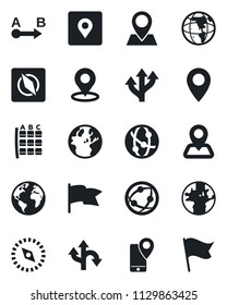 Set of vector isolated black icon - seat map vector, route, navigation, earth, pin, mobile tracking, network, place tag, compass, flag