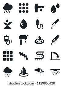 Set of vector isolated black icon - crisis graph vector, watering, water drop, rain, drip irrigation, dropper, menu, supply, sprinkler