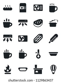 Set of vector isolated black icon - hot cup vector, coffee machine, fire, fireplace, thermometer, air conditioner, bread, steak, dog, bowl, steaming pan, balloon