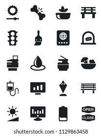 Set of vector isolated black icon - ticket office vector, passport, pennant, statistic monitor, water drop, bench, dropper, broken bone, traffic light, low battery, themes, brightness, copier, salad