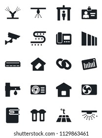 Set of vector isolated black icon - security gate vector, identity card, drip irrigation, sorting, barcode, chain, air conditioner, smart home, water heater, intercome, filter, warm floor, sprinkler
