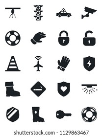 Set of vector isolated black icon - plane radar vector, smoking place, alarm car, border cone, lock, glove, boot, heart shield, traffic light, protect, key, surveillance, sprinkler