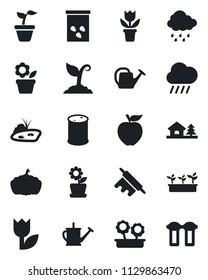 Set of vector isolated black icon - flower in pot vector, seedling, watering can, sproute, rain, pumpkin, seeds, tulip, oil barrel, house with tree, pond, rolling pin, apple fruit, water filter