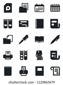 Set of vector isolated black icon - book vector, pen, notepad, calendar, printer, folder document, news, copybook, search, schedule, contract