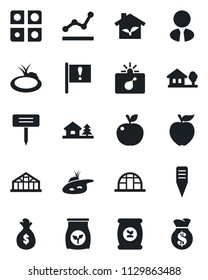 Set of vector isolated black icon - bomb in case vector, plant label, greenhouse, pond, fertilizer, important flag, application, point graph, house with tree, estate agent, apple fruit, eco