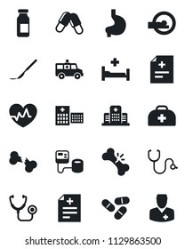 Set of vector isolated black icon - heart pulse vector, doctor case, diagnosis, stethoscope, blood pressure, pills, ampoule, scalpel, tomography, ambulance car, hospital bed, stomach, broken bone