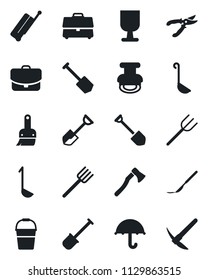 Set of vector isolated black icon - suitcase vector, job, shovel, farm fork, bucket, pruner, axe, scalpel, fragile, umbrella, themes, case, stamp, ladle, hard work