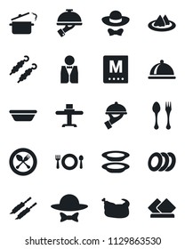 Set of vector isolated black icon - spoon and fork vector, waiter, dish, restaurant table, serviette, cafe, menu, plates, dress code, chicken, kebab, bowl, steaming pan