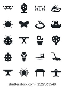 Set of vector isolated black icon - cafe vector, sun, flower in pot, lawn mower, butterfly, lady bug, pond, picnic table, pool, fruit tree, restaurant