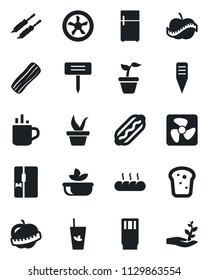 Set of vector isolated black icon - hot cup vector, seedling, plant label, diet, fridge, drink, phyto bar, salad, bacon, bread, kebab, dog, fan, palm sproute