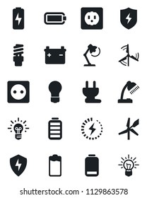 Set of vector isolated black icon - bulb vector, battery, low, protect, charge, desk lamp, windmill, socket, power plug, energy saving, idea