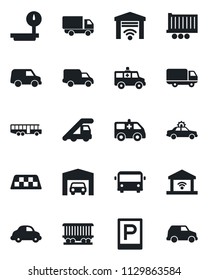 Set of vector isolated black icon - taxi vector, airport bus, parking, alarm car, ladder, ambulance, railroad, truck trailer, delivery, heavy scales, garage, gate control