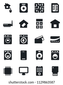Set of vector isolated black icon - washer vector, calculator, monitor, speaker, phone back, sim, smart home, credit card, control, chip, remote, router, usb flash