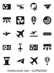 Set of vector isolated black icon - plane vector, airport tower, radar, departure, helicopter, globe, air conditioner, fan, paper, balloon