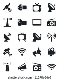 Set of vector isolated black icon - antenna vector, satellite, radio, loudspeaker, tv, video camera, wireless