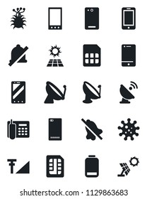 Set of vector isolated black icon - satellite antenna vector, mobile phone, virus, cell, low battery, back, sim, mute, cellular signal, office, sun panel