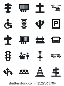 Set of vector isolated black icon - plane radar vector, taxi, airport bus, parking, passport control, signpost, border cone, helicopter, disabled, route, traffic light, truck trailer, guidepost