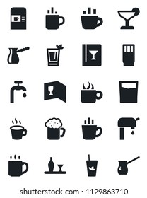 Set of vector isolated black icon - hot cup vector, coffee machine, water supply, alcohol, wine card, drink, cocktail, phyto bar, beer, turkish