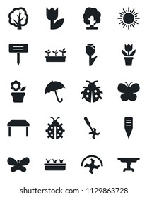 Set of vector isolated black icon - umbrella vector, sun, flower in pot, ripper, tree, butterfly, lady bug, seedling, plant label, tulip, table