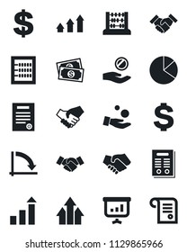 Set of vector isolated black icon - handshake vector, growth statistic, dollar sign, abacus, crisis graph, cash, pie, contract, arrow up, investment, presentation