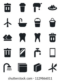 Set of vector isolated black icon - trash bin vector, bucket, tooth, mobile, blank box, water supply, bathroom, serviette, filter, windmill