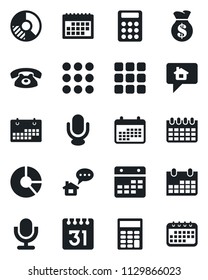 Set of vector isolated black icon - calendar vector, circle chart, microphone, menu, calculator, phone, home message, money bag